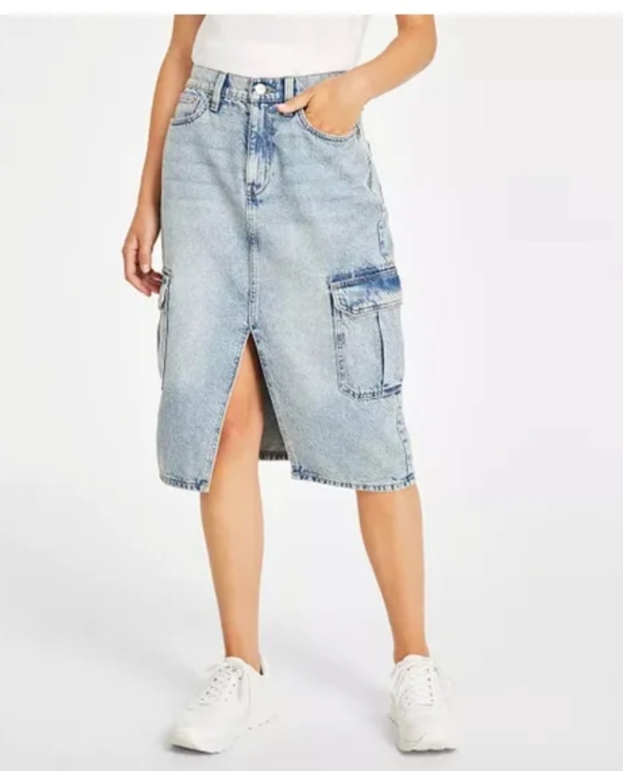 Calvin Klein Jeans Denim Skirt Womens 27 Blue Cargo Midi High Rise Light Cotton